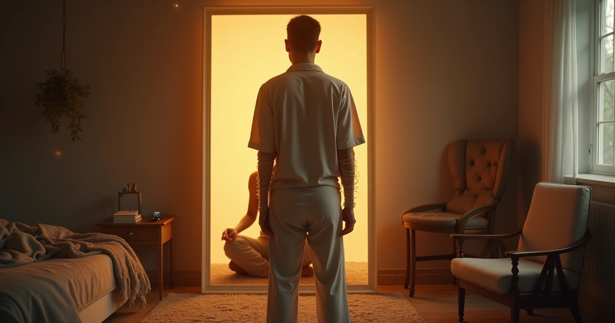 Pessoa diante de espelho vendo reflexo calmo em meditação enquanto corpo real parece preso por fitas 