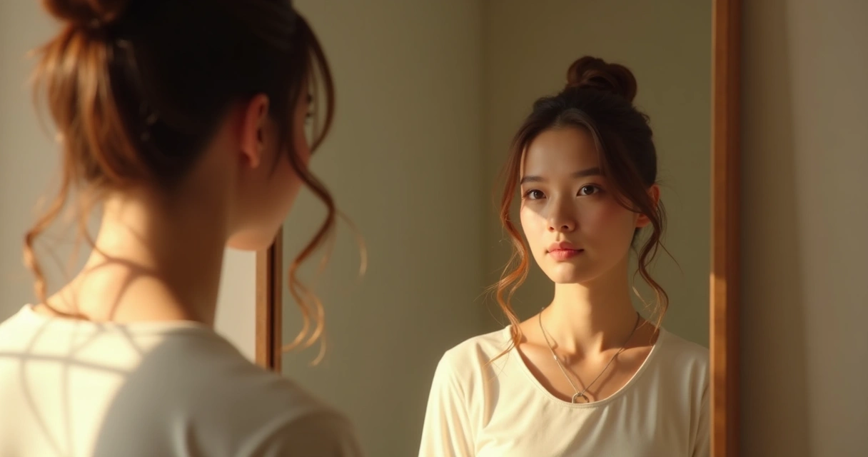 Pessoa olhando para o próprio reflexo em espelho, expressão atenta