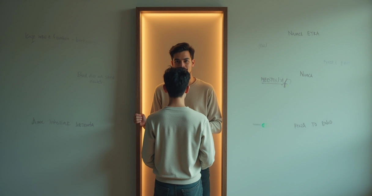 Pessoa diante de espelho com reflexo colorido e frases críticas ao redor 