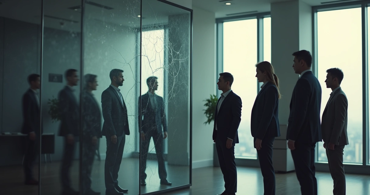 Equipe diante de espelho simbólico em ambiente corporativo