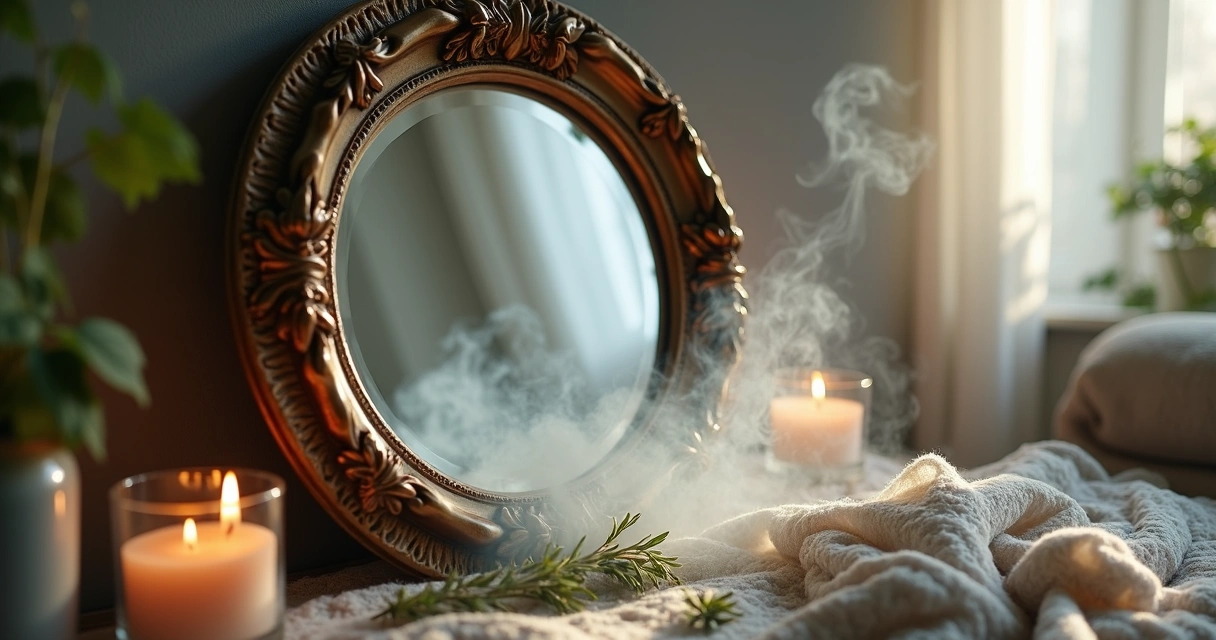 Defumação de espelho antigo com fumaça de ervas aromáticas ao redor