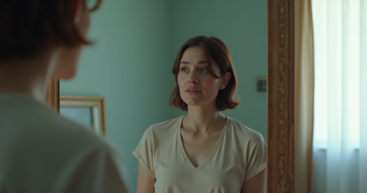 Pessoa olhando em um espelho que distorce sua imagem, refletindo várias versões diferentes de si mesma. 