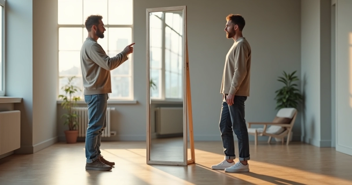Duas pessoas em frente a um espelho com reflexos distintos sugerindo projeção psicológica 