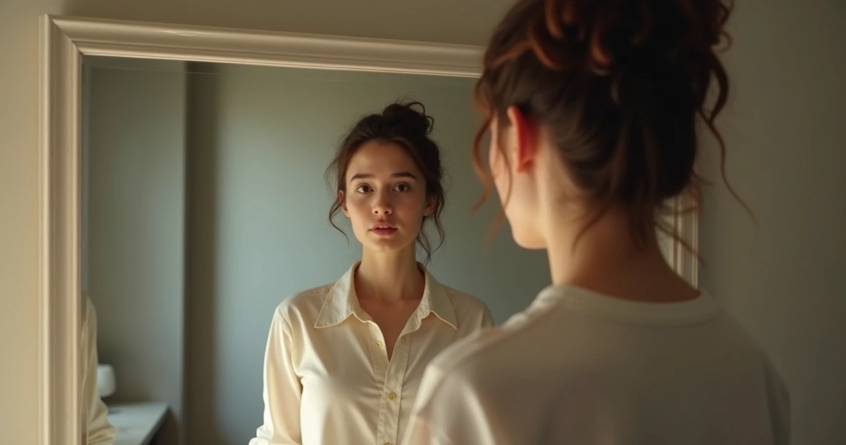 Pessoa se olhando em um espelho grande, focando no reflexo próprio. 