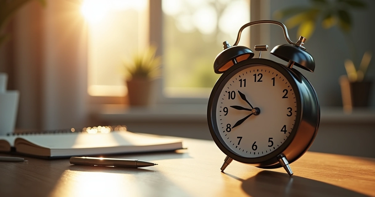 Relógio marcando 07:07, refletido em um espelho sobre uma mesa de madeira clara 