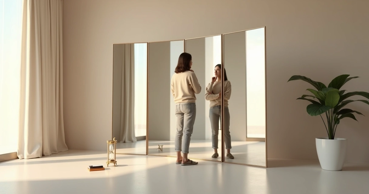 Pessoa ajustando imagem refletida em múltiplos espelhos 