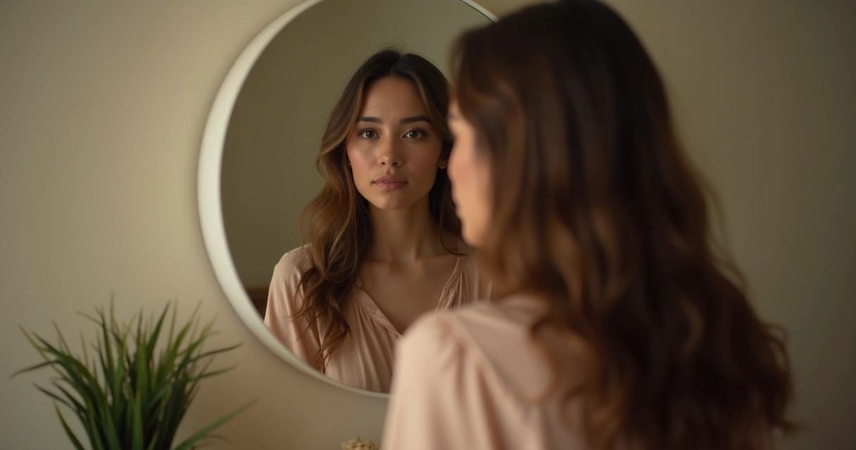 Pessoa olhando para o próprio reflexo no espelho em momento de introspecção