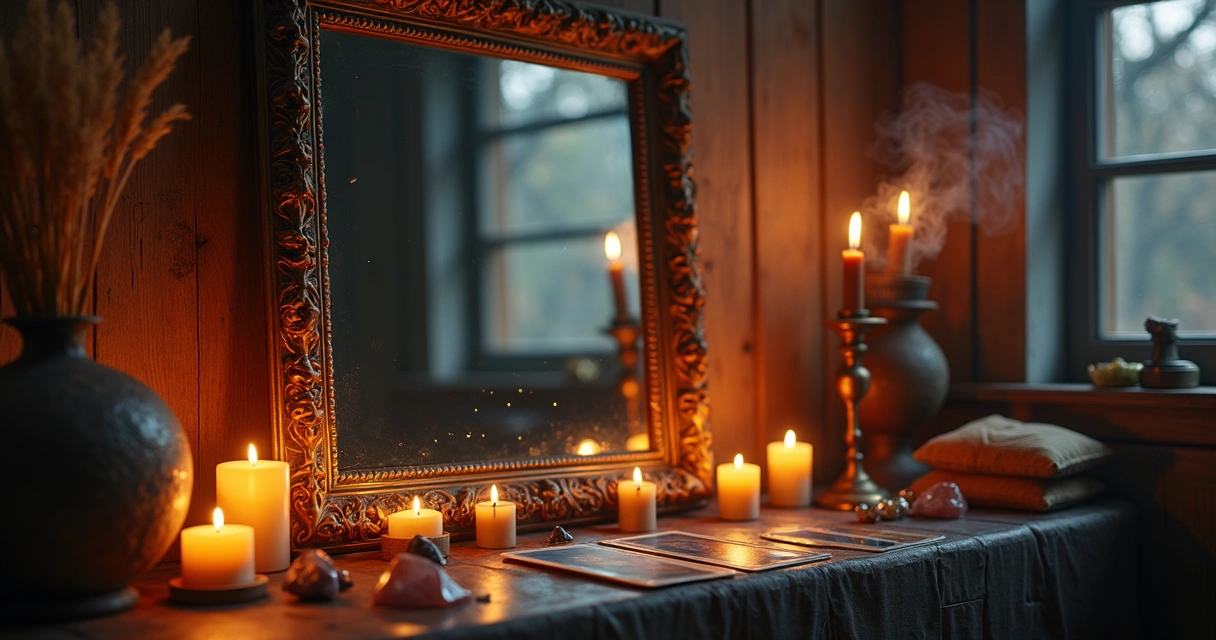 Espelho grande refletindo luzes suaves em um ambiente escuro e acolhedor