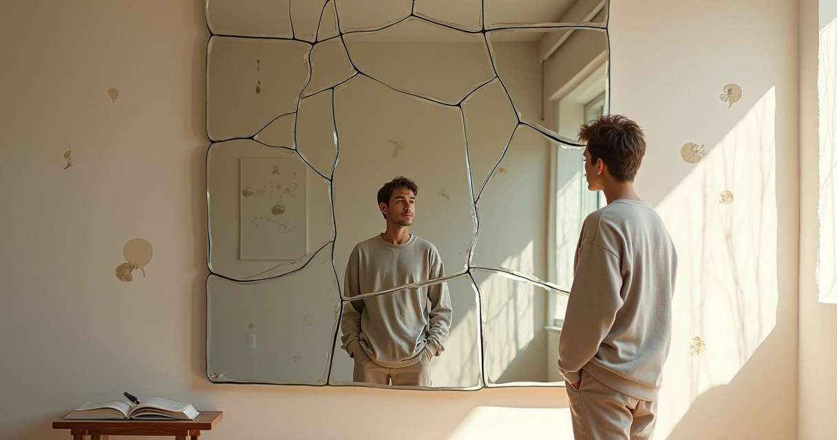 Pessoa observa próprio reflexo em espelho mosaico com símbolos culturais 