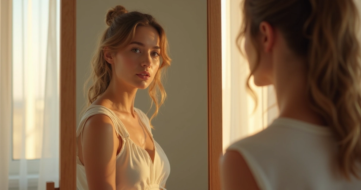 Pessoa pensativa diante do espelho