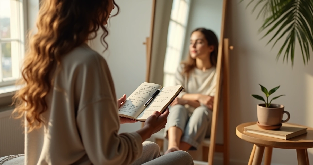 Pessoa segurando caderno com anotações de autocompaixão diante de espelho 