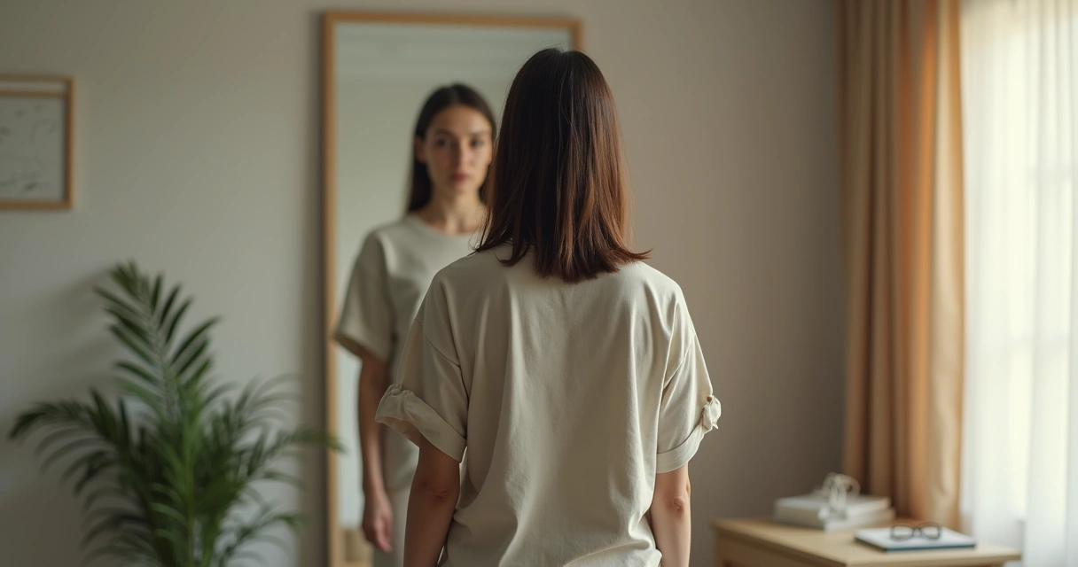 Rosto diante de espelho distorcido refletindo autoimagem fragmentada 