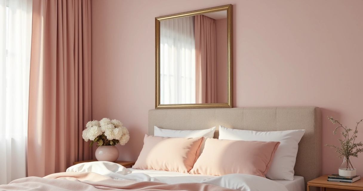 Espelho decorativo no quarto feminino, não refletindo a cama 