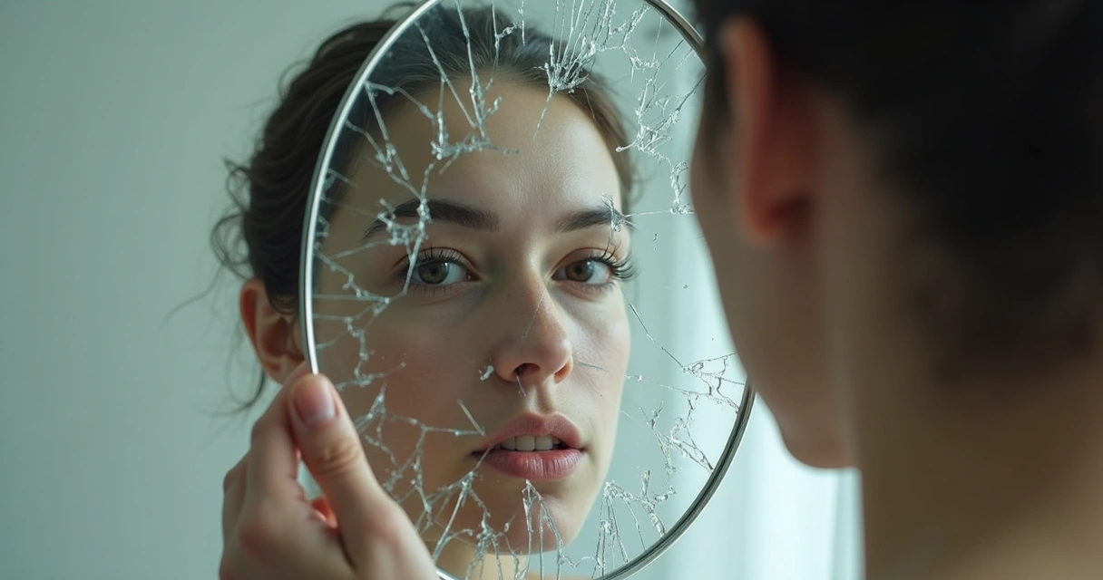 Reflexo fragmentado de rosto em espelho quebrado 