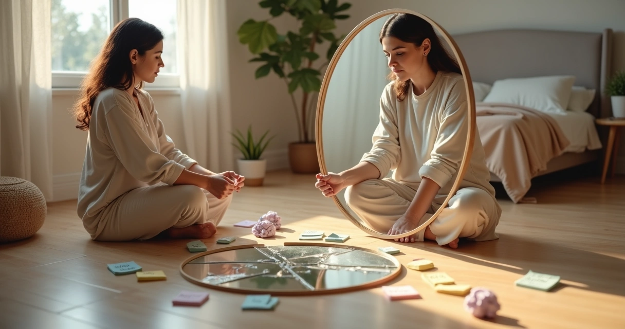 Pessoa remontando espelho quebrado com notas de autocompaixão ao redor 