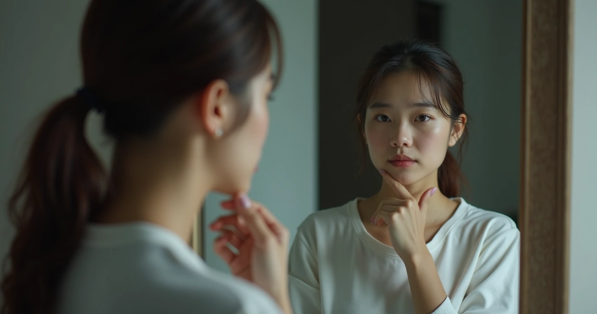 Pessoa olhando-se pensativa no espelho, expressão de dúvida 