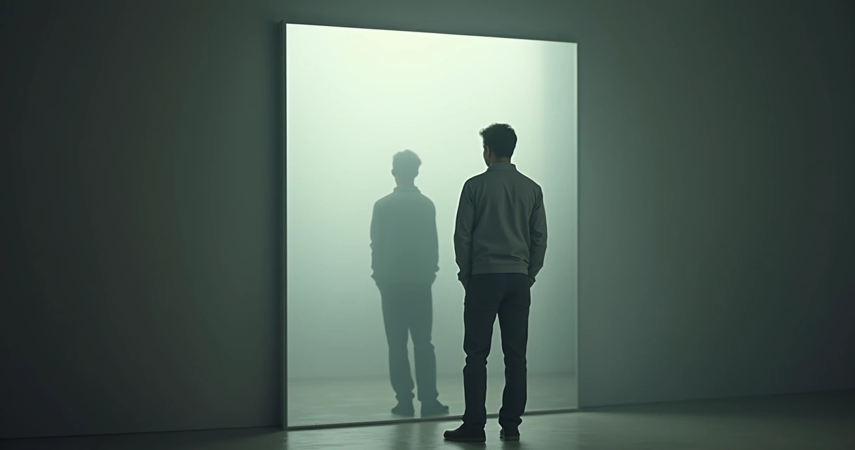 Pessoa olhando para si mesma em um espelho grande