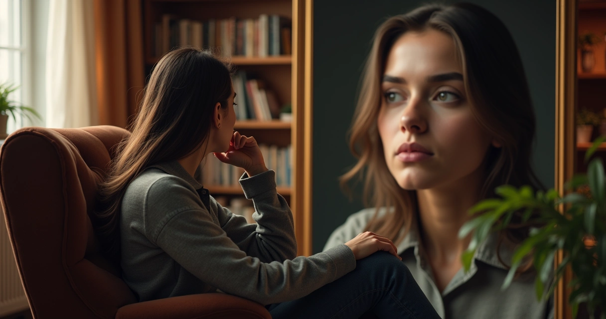 Pessoa olhando seu reflexo em um espelho em ambiente aconchegante