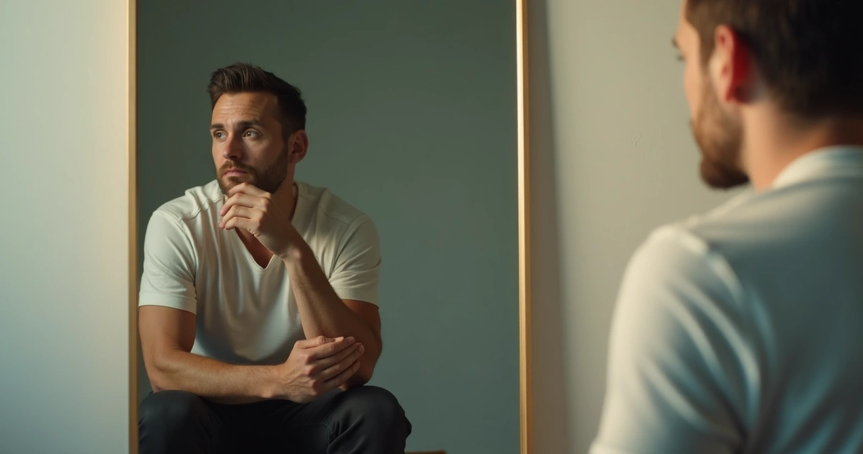 Homem olhando para si mesmo em um espelho. 