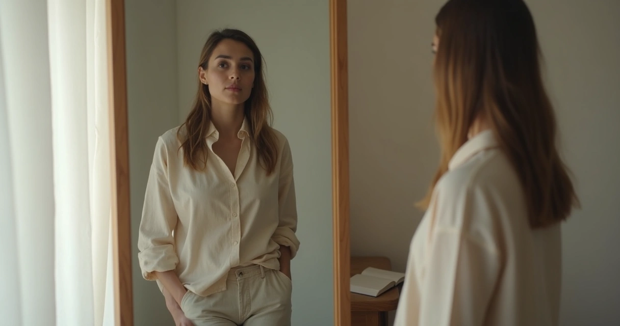 Pessoa observando o próprio reflexo em espelho