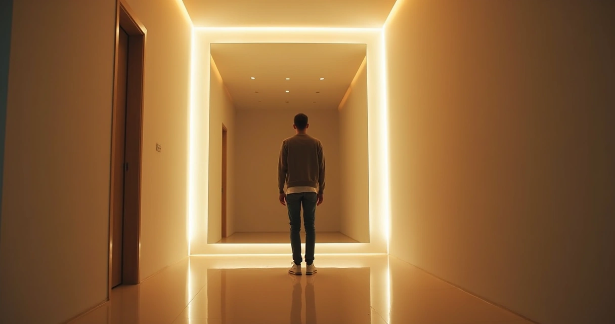 Pessoa olhando para seu reflexo em um espelho no corredor, ambiente iluminado