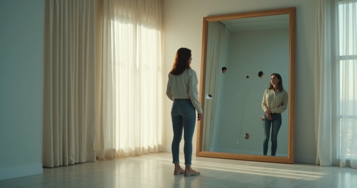 Pessoa diante de espelho com reflexo fragmentado 