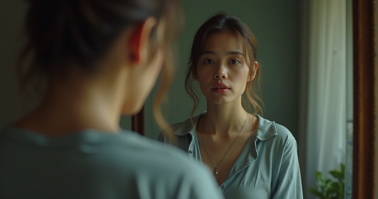 Pessoa observando seu reflexo em um espelho, introspectiva. 