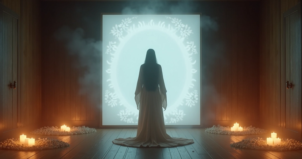 Pessoa em pé diante de um espelho grande, envolta em luz branca, ambiente com pedras e velas acesas 