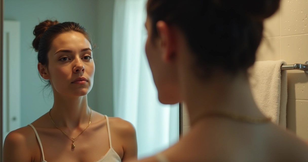 Pessoa olhando o próprio reflexo pensativo no espelho. 