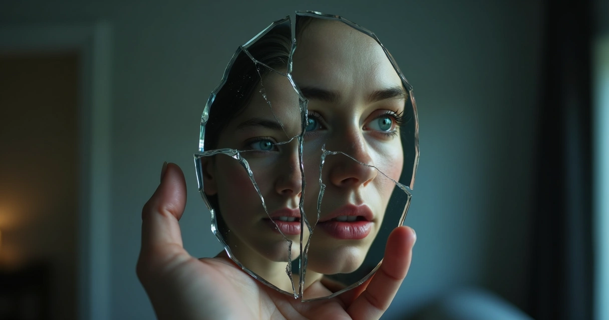Espelho fragmentado refletindo imagens distorcidas de um rosto humano 