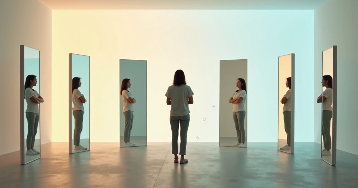 Mulher observando vários espelhos refletindo versões diferentes de si mesma 