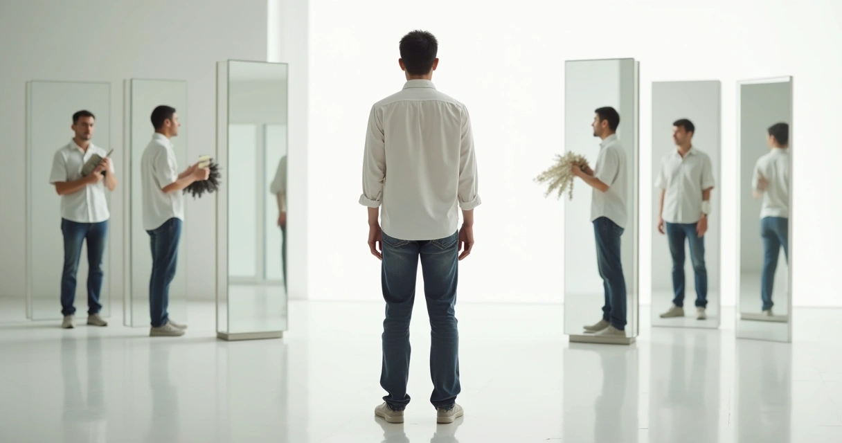 Pessoa observando múltiplos reflexos diferentes em espelhos alinhados 