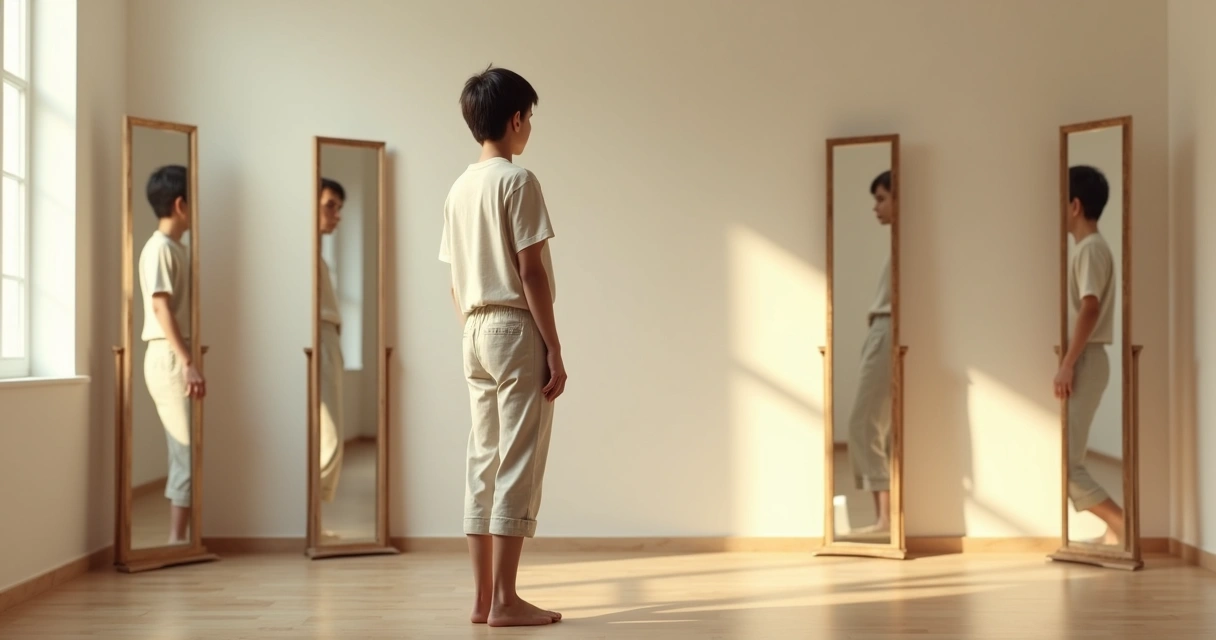 Pessoa observando vários espelhos com versões diferentes de si mesma 