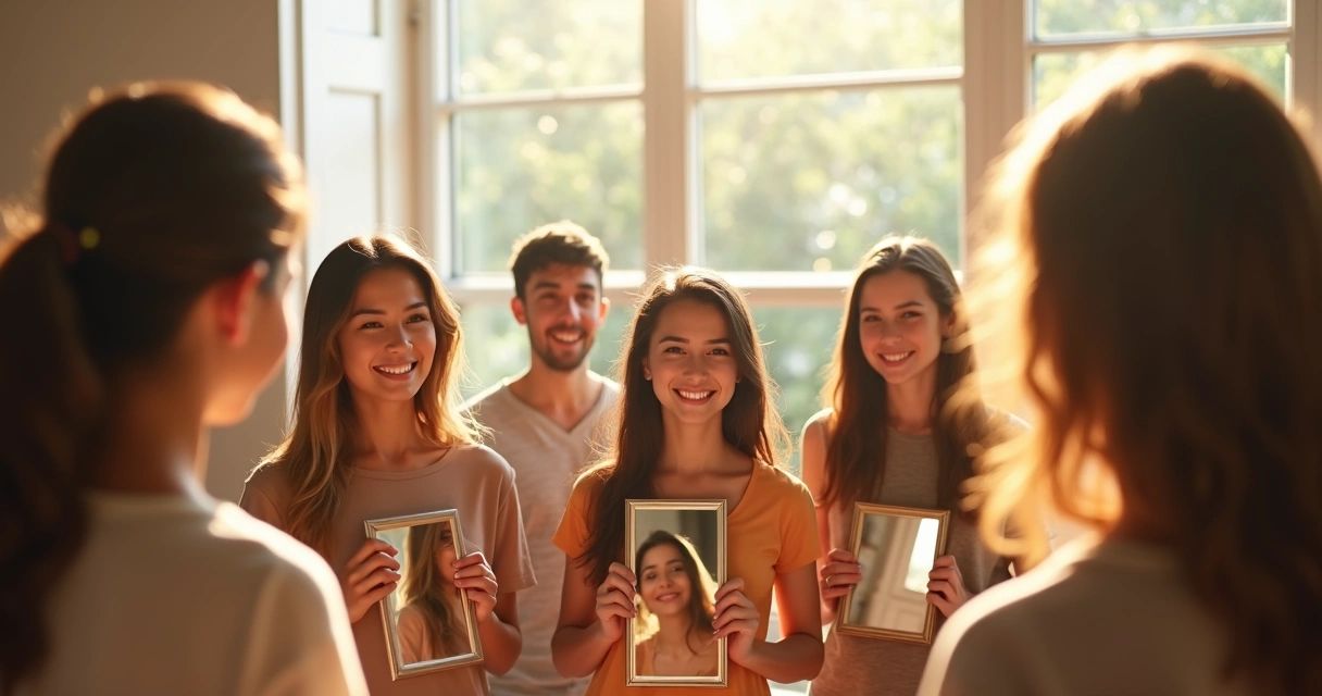 Pessoas de diferentes idades em círculo, olhando para espelhos que refletem a si mesmas e aos outros ao redor 