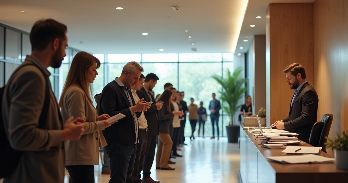 Fila de atendimento em condomínio com moradores esperando pela resposta do atendente 