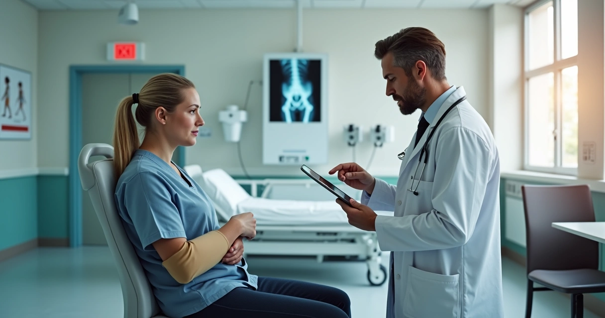 Paciente em pronto-atendimento ortopédico conversando com traumatologista 