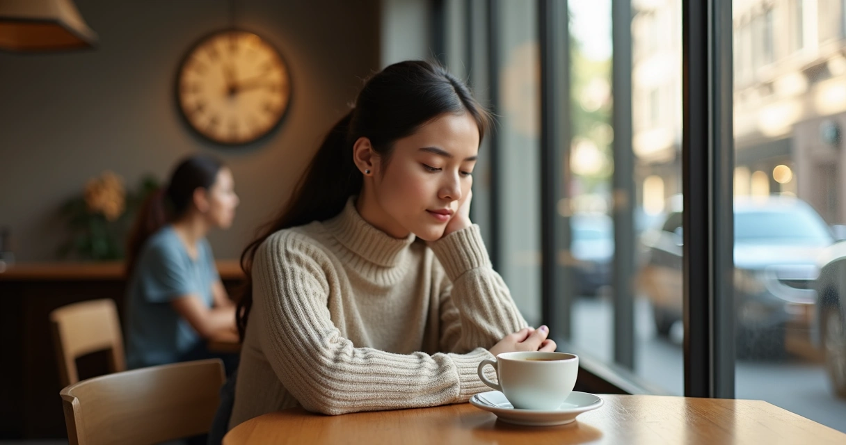 Persona esperando en una cafetería mientras observa su respiración