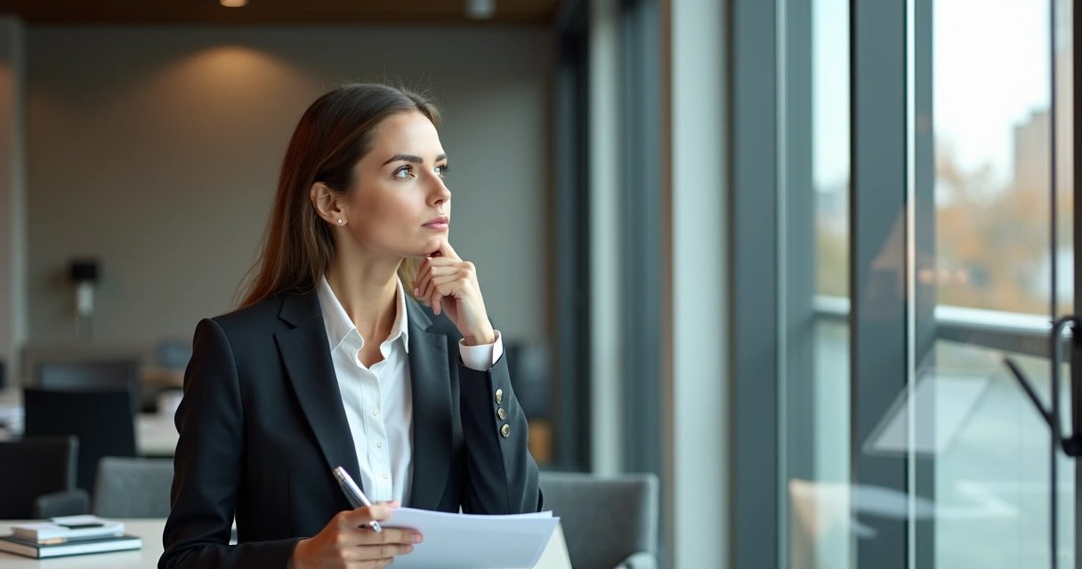 Uma mulher olhando pela janela de um escritório, pensativa, com anotações na mão 