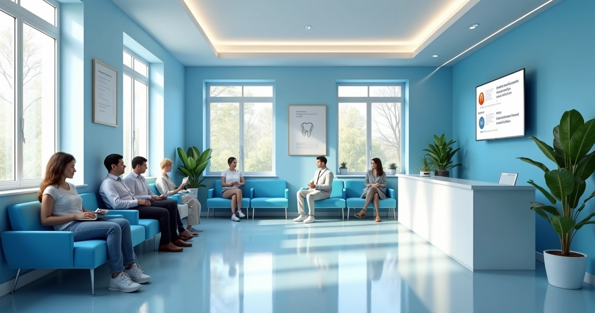 Sala de espera de clínica odontológica com pacientes aguardando 