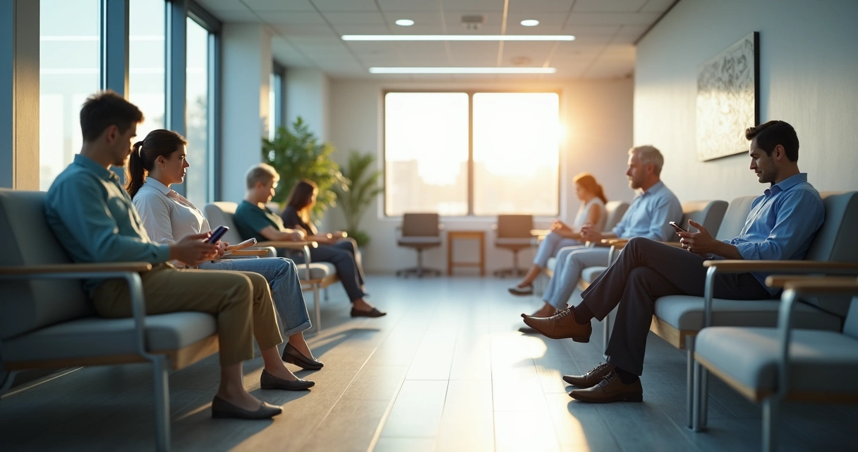 Sala de espera com pacientes aguardando atendimento sem personalização