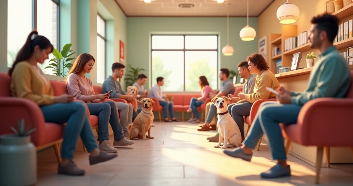 Tutores e pets aguardando em fila para atendimento no petshop 