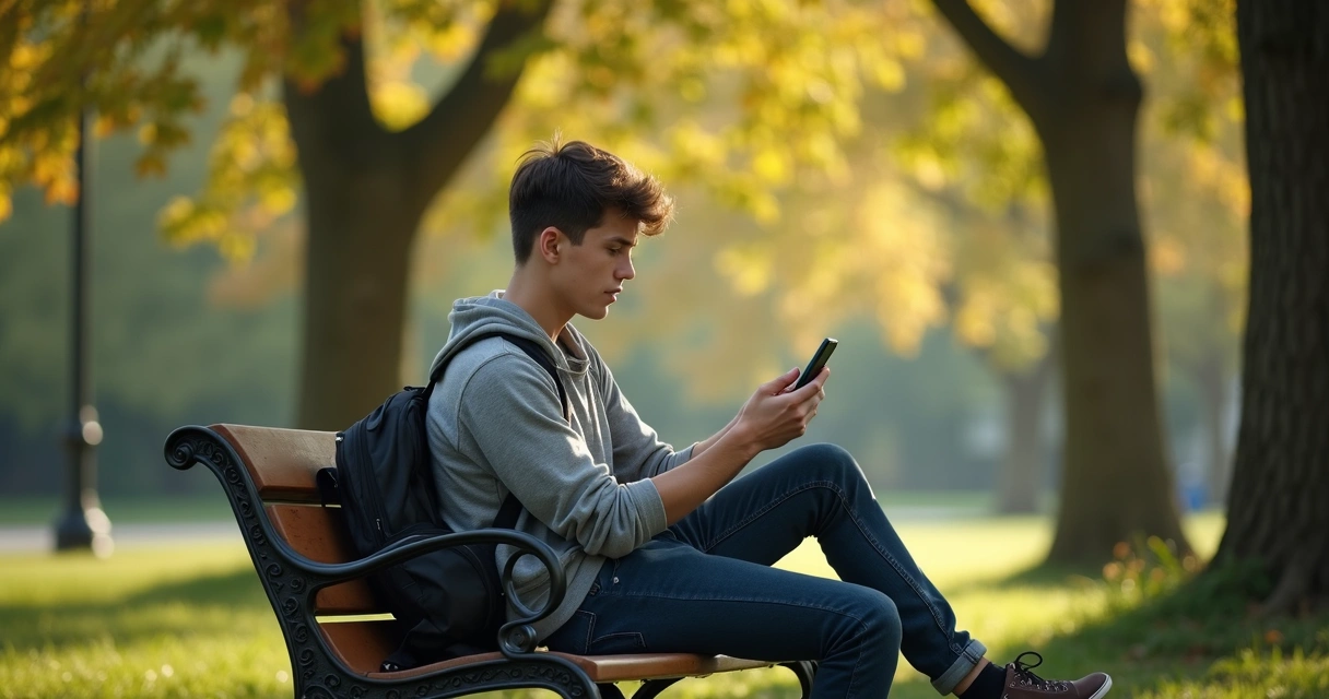 Jovem aguardando resultado do vestibular sentado em banco ao ar livre