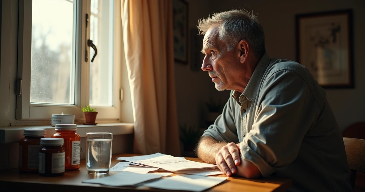 Homem com expressão de preocupação em casa aguardando carta do INSS 