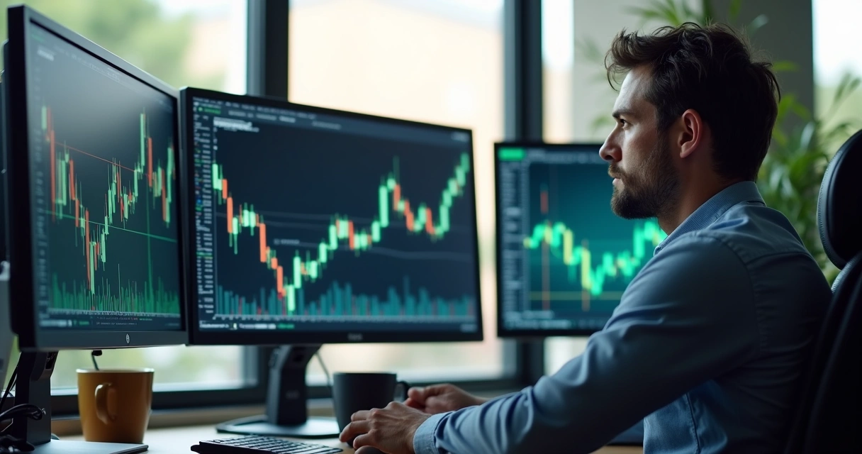 Trader olhando para vários monitores com gráficos indecisos, aguardando oportunidade. 
