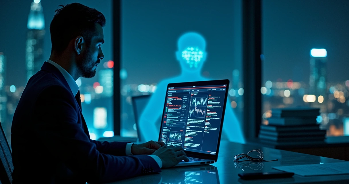 Código espião refletido em executivo usando notebook em escritório 
