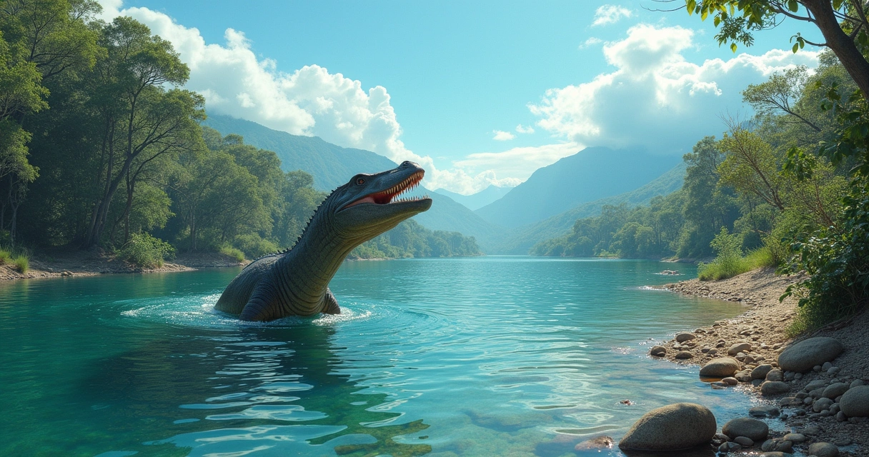 Espinossauro próximo a um rio, caçando peixes, cercado por vegetação pré-histórica e pequenos dinossauros.