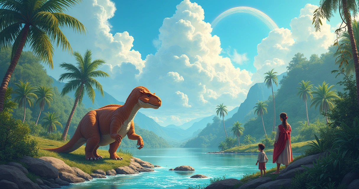 Espinossauro majestoso em ambiente pré-histórico com céu azul, vegetação densa e humanos admirando à distância.