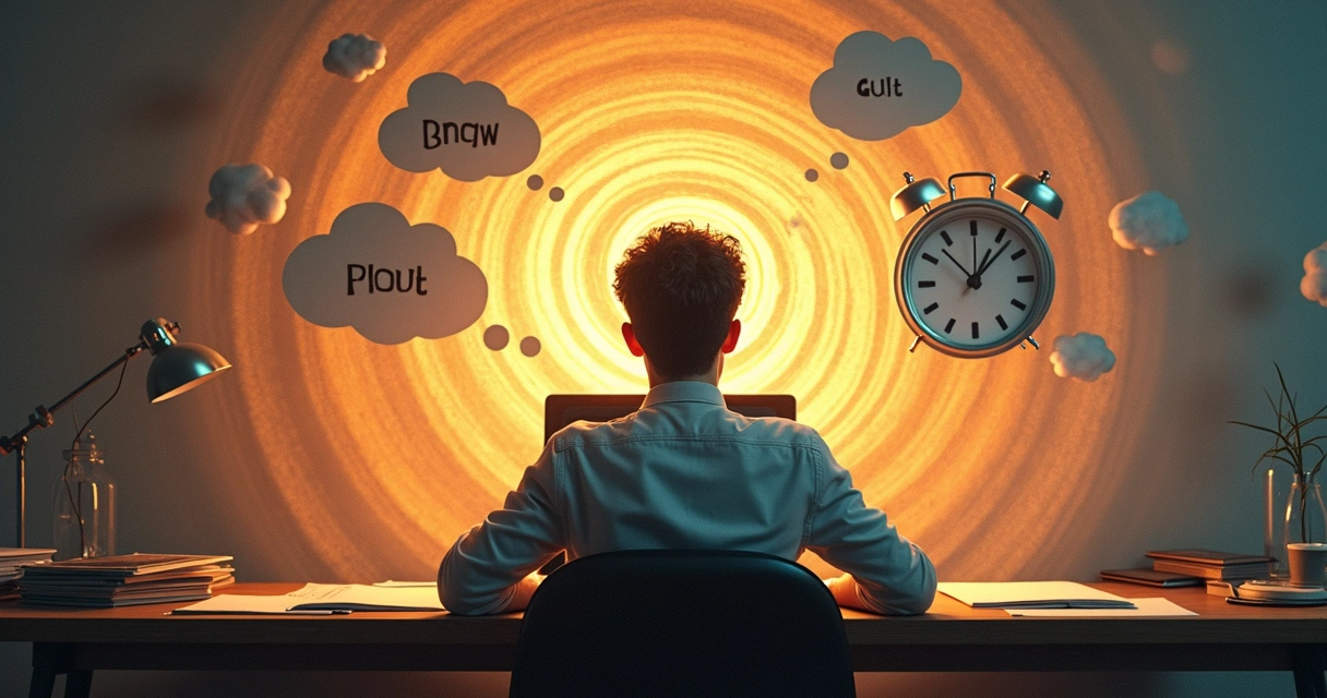 Pessoa sentada diante de tarefas inacabadas refletindo. 