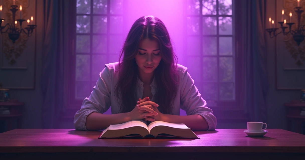 Pessoa lendo Bíblia com luz roxa suave, ambiente sereno 