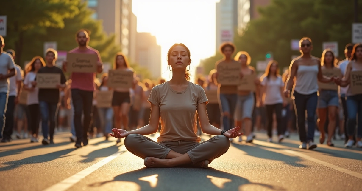 Persona meditando en una marcha social pacífica con carteles y manos unidas 